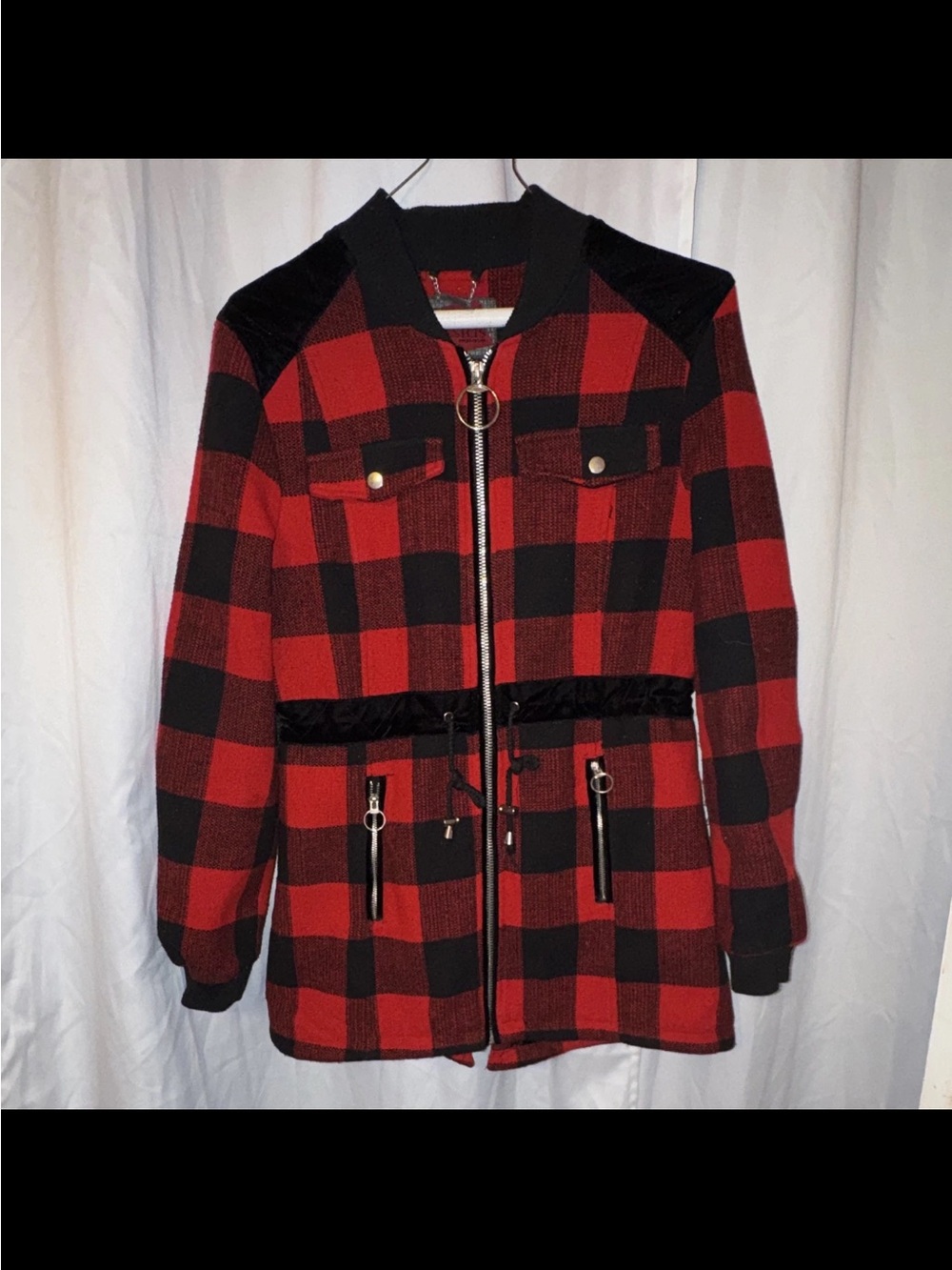 Celsius Women’s Red and Black Plaid Zip-Up Jacket Size XL